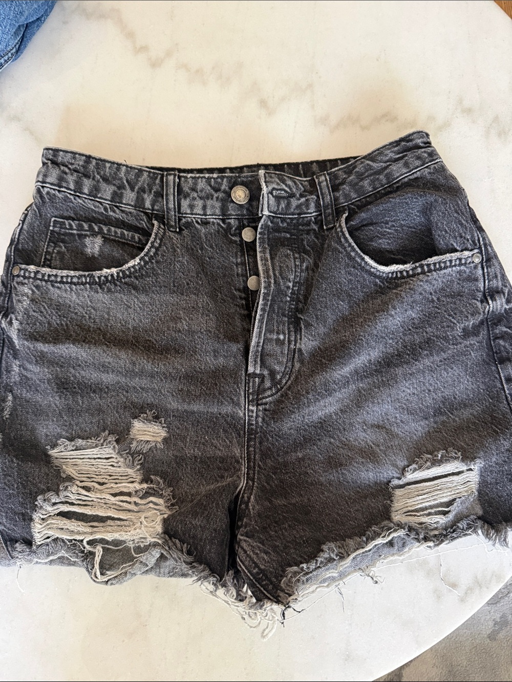 Zara High-Waist Distressed Denim Shorts - Black